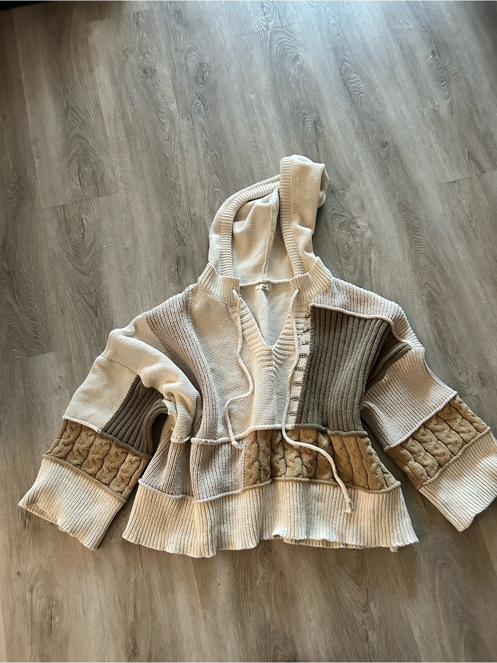 Pol Women's Patchwork Hooded Sweater in Cream and Brown - size large